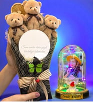Sizlere Özel Renkli Led Işıklı Biblolu Fanus ve Aynalı Kahverengi Peluş Ayıcık Buketi (Model 4)