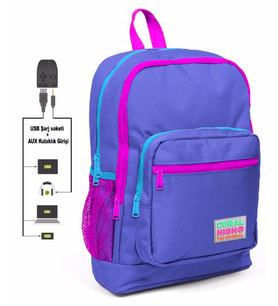 Coral High Pembe-Mor İlkokul ve Günlük Sırt Çantası - Kız Çocuk - USB ve AUX Soketli