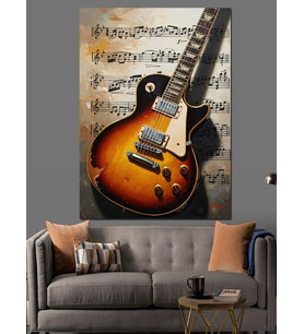 Nota Kağıdı Üzerinde Elektro Gitar Dekoratif Kanvas - Mdf Ahşap Tablo