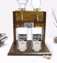 BK Gift Kişiye Özel Renkli Baskılı Yarıya Kadar Değil Yaraya Kadar Tasarımlı İkili Rakı Bardağı ve Çift Musluklu Doğal Ahşap Rakı Standı-2 (Model 1)