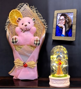 Sizlere Özel Set, Peluş Ayıcık Buketi & Işıklı Şans Melekli Fanus Hediye Seti