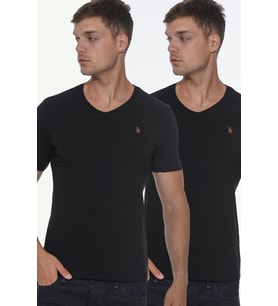 Dewberry Erkek Pamuklu V Yaka Tişört 2'li Set Siyah-Siyah T8568 Günlük Giyim, Casual Stil, Seyahat Gardırobu