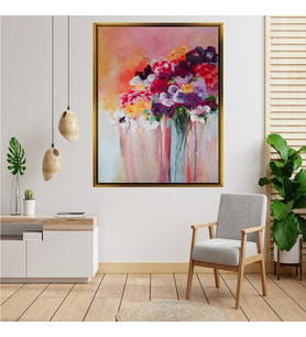 Tablore Renkli Vazo Çiçekleri Yağlıboya Dokulu Tablo Çerçeveli Kanvas Tablo Modern Salon Dekoru