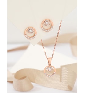 925 Ayar Rose Kaplama  Zirkon Taşlı Yuvarlak Model İkili Gümüş Set
