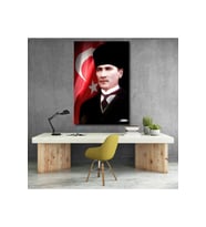 Atatürk ve Bayrak Kanvas Tablo Dikey Duvar Tablosu Ofis Ev Dekoru Atatürk Portresi