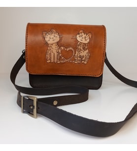 A Leather El Yapımı Hakiki Deri Kedi Desenli Kahverengi Askılı Kadın Omuz Çanta