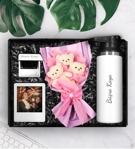 Kişiye Özel 500 ML Çelik Termos & Üçlü Peluş Ayıcık Buketi & Kişiye Özel Ayna & Fotoğraf Çerçevesi Hediye Seti