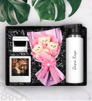 Kişiye Özel 500 ML Çelik Termos & Üçlü Peluş Ayıcık Buketi & Kişiye Özel Ayna & Fotoğraf Çerçevesi Hediye Seti