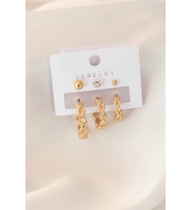 Gold Renk Sarmal Halka Zirkon Taş Detay Kadın Küpe Seti (Altın)