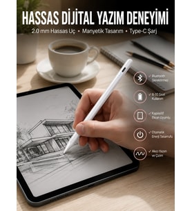 Dokunmatik Kalem Beyaz Şarjlı Yedek Uçlu Android Ve İos Uyumlu
