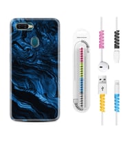 Oppo A5S A15 A16 A54 A55 A73 A74 Kılıf Kablo Koruma Spiral Silikon Blue MArble 1379