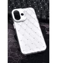 iPhone 16 Uyumlu Baklava Desenli Pırlanta Taşlı Sert Kapak Kılıf Beyaz