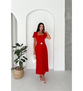 Neşeli butik kadın kırmızı kol volanlı gold toka detaylı kemerli midi boy elbise NBK088