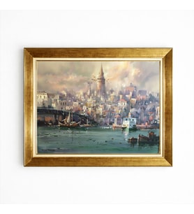 Tablore Galata Kulesi Ve İstanbul Manzaralı Altın Çerçeveli Kanvas Tablo Ev Salon Dekoru