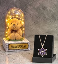 Gerçek Ametist Taşlı Lotus Kolye ve Led Işıklı Kişiye Özel Fanus Hediyesi (Model 5)