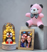 Fotoğraflı Hediye Seti Led Işıklı Penguen Fanus ve Peluş Anahtarlık (Model 1)