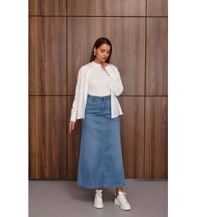 2254-Denim Ara Boy Klasik Etek Mavi