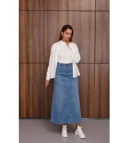 2254-Denim Ara Boy Klasik Etek Mavi
