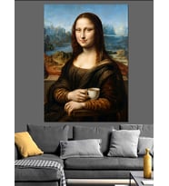 Kahve Fincanı Tutan Mona Lisa Dekoratif Kanvas - Mdf Ahşap Tablo