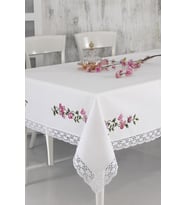 Dantelli Gül Nakışlı Masa Örtüsü (Beyaz)