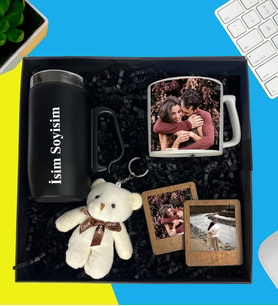 Kişiye Özel Lüx Kutu Termos Kulplu Bardak Çay Ve Nescafe Fincanı Peluş Ayıcık Anahtarlık İkili Ahşap Kahve Masaüstü Çerçeve