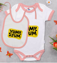 BK Kids Yum Yum Tasarımlı Pembe Bebek Body Zıbın ve Mama Önlüğü Hediye Seti-1