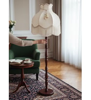 Ekru Kadife Başlık Kahverengi Ahşap Ayak Lambader Vintage Model 170x45cm