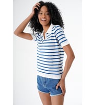 Chuba Kadın Polo Yaka Kısa Kollu Çizgili Triko T-Shirt Beyaz-Navy 24S157