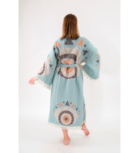 Müslin Kimono %100 Pamuklu Göz Desenli Jakarlı Bornoz Kaftan Sabahlık (Açık Mavi)