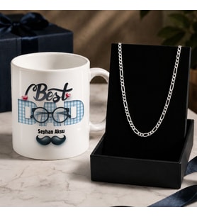 BK Gift Kişiye Özel Babalar Günü Tasarımlı Beyaz Kupa & Figaro Zincir Kolye -7, Babalar Günü Hediyesi