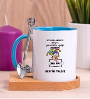 Kişiye Özel Biz Akıllanmayız Tasarım Esprili  Ahşap Altlıklı Mavi Kupa Bardak