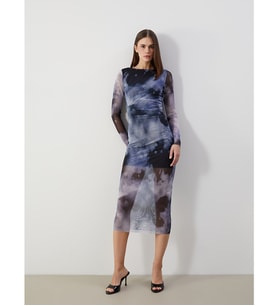 LCW Vision Lacivert Bisiklet Yaka Batik Desenli Kadın Bodycon Elbise