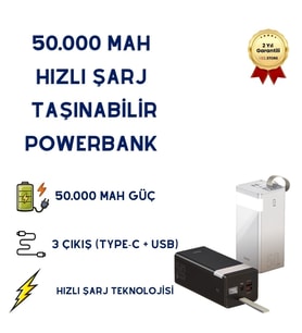 50.000 mAh PD Hızlı Şarj Powerbank Dahili Kablolu LED Işıklı Powerbank