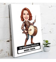Davulcuya Hediye Kadın Karikatürlü Kanvas Tablo