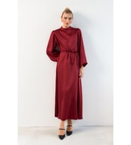 Balon Kol Saten Abiye Elbise - Bordo