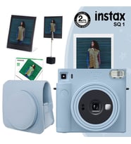Instax SQ1 Buz Mavi Fotoğraf Makinesi 10lu Kare Film Deri Kılıf Pleksi Çerçeve ve Kıskaçlı Stand