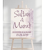 Söz Nişan Düğün İçin 50x70 Karşılama Panosu - Mor Çiçek Desenli 004