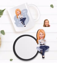 BK Gift Kişiye Özel Kadın Karikatürlü Beyaz Kupa ve Ahşap Bardak Altlığı Hediye Seti-101