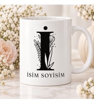 Kişiye Özel Baş Harf ve İsim Yazılı Çiçek Motifli İ Harfli Seramik Kupa Bardak