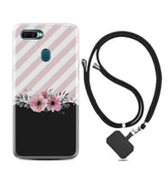 Oppo A5S A15 A16 A54 A55 A73 A74 Kılıf Boyun Askılı Silikon Strip Pink Flowers 1396