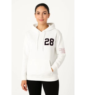 Üç İplik Kapüşonlu Ön Ve Arka Baskılı SweatShirt Hoodie - Beyaz
