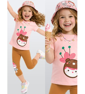 Kız Çocuk Takım Çiçekli Ayıcıklı Tunik Boy T-shirt Tayt Yazlık 2-8 Yaş (Pembe)