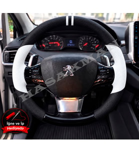 Peugeot 208 Dikme Direksiyon Kılıfı Delikli Deri Parlak Siyah Beyaz Detay Çift Yüzük ve Dikiş 2019-2023