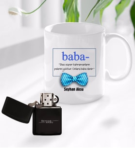 BK Gift Kişiye Özel Babalar Günü Hediyesi Baba Tasarımlı Kupa Bardak ve Benzinli Çakmak Seti-1 (Model 1)