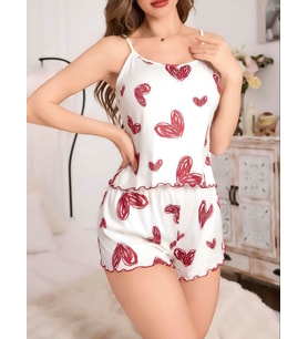 Fantezia Night Kadın Beyaz Kalp desenli Şortlu Gecelik Pijama Takımı 5052