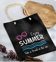 BK Gift Yaz Temalı Siyah Halat Saplı Kumaş Plaj Çantası -8, Baskılı Omuz Çantası, Alışveriş Çantası, Arkadaşa Hediye, Sevgiliye Hediye