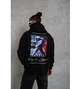 Erkek 3 İplik Pamuklu Kapüşonlu Baskılı Cepli Oversize Sweatshirt Hoodie - Siyah