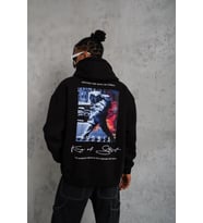 Erkek 3 İplik Pamuklu Kapüşonlu Baskılı Cepli Oversize Sweatshirt Hoodie - Siyah