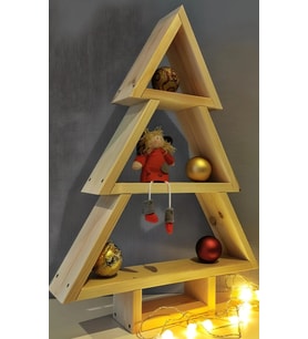 Ahşap Noel Ağacı Doğal Dekoratif Raf (Açık Kahve-Ekru)