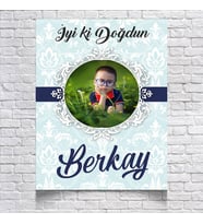 MAVİ DAMASK DESENLİ DOĞUM GÜNÜ AFİŞİ resimli
